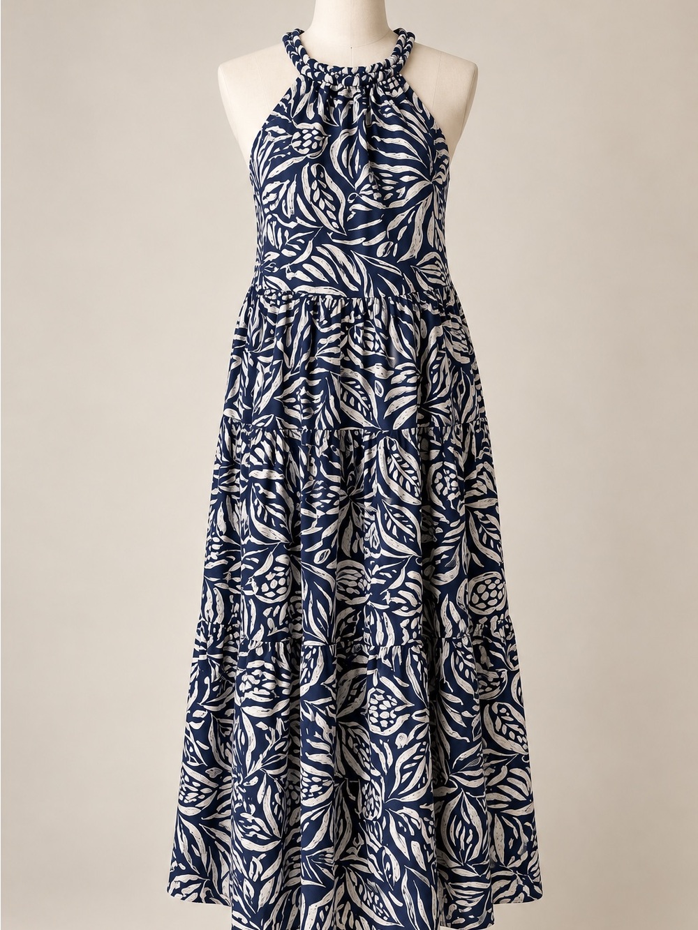 Time and Tru Navy Botanical Braided Neck Tiered Midi Dress L 12-14 NWT